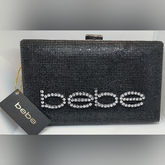 bebe Handbags - Purse Bebe Black Rhinestone Clutch, Shoulder, Crossbody With Chain Strap  NWT